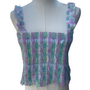 French Connection Pink Green Plaid Rouched Tube Top Size 12 Festival Feminine